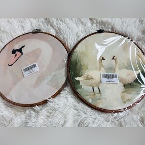 New! Swan and Goose  Round Framed Wall Canvas Art set